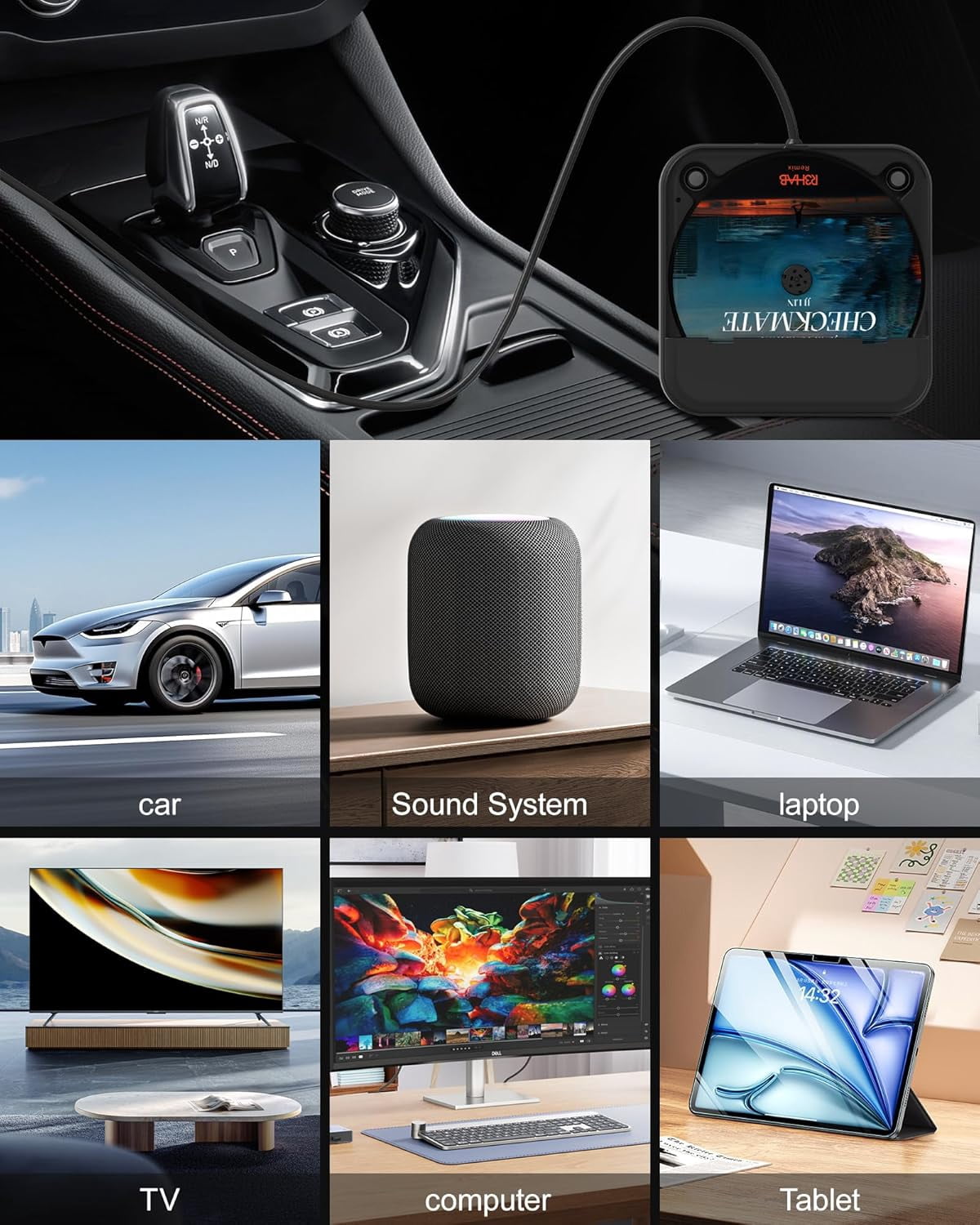 Car CD Player with USB/AUX Port, External Universal CD Player for Car with Car Radio Stereo, Portable Car CD Players with Remote Control for Laptop, TV, Computer,Universal for Vehicle