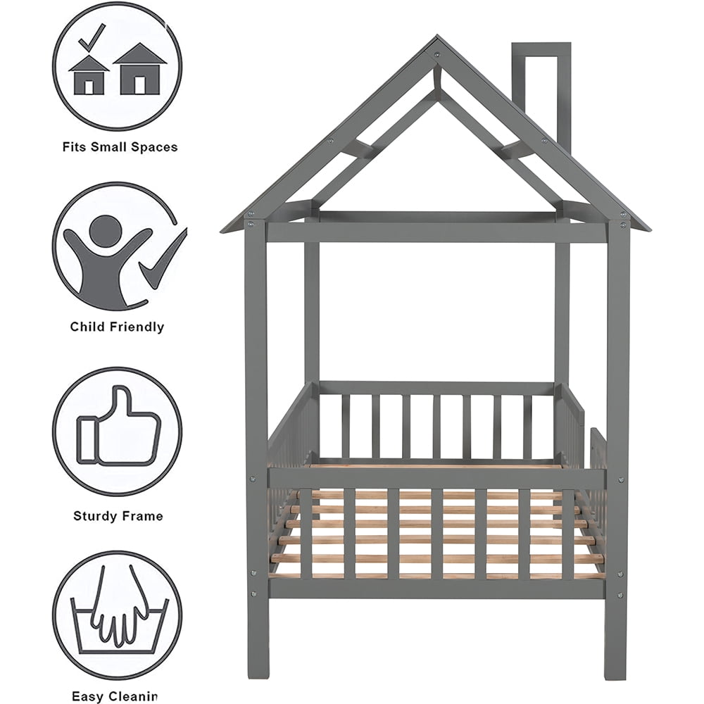 Bellemave Twin House Bed, Twin Size Wood Bed Frame with Roof and Fence, Montessori Beds Frame, No Box Spring Needed (Gray)