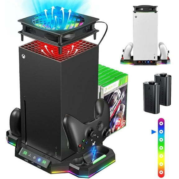 Pecham Cooling Fan Charging Station Fit for Xbox Series X Console, Dual Controller Charging Dock & Cooler System Stand with 2 x 1400mAh Rechargeable Battery, 9 Light Modes, USB Ports, Game Disc Slots