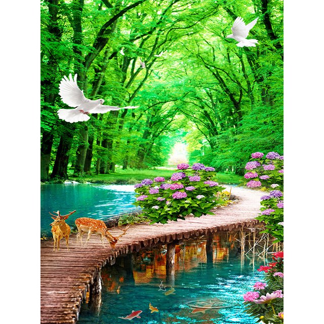 Cuadros Decorativos 5D bosque puente mosaico diamante pintura dibujo completo redondo taladro DIY arte artesanía Ehuebsd Nuevos Originales