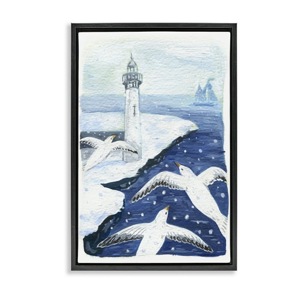 Stupell Industries Snowy Winter Harbor Birds Landscape & Nature Painting Black Floater Framed Canvas Art Print Wall Art, 17 x 25