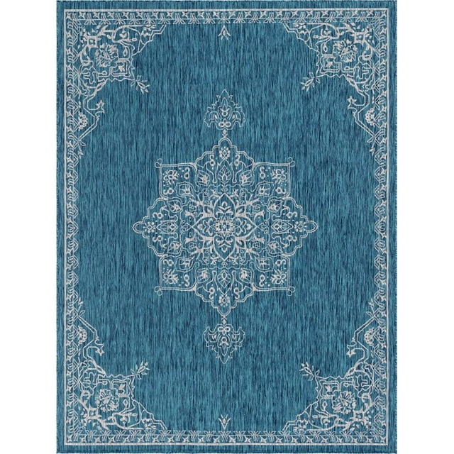 Unique Loom Tapis Médaillon Traditionnel Extérieur 9' x 12' Rectangle Sarcelle/ivoire