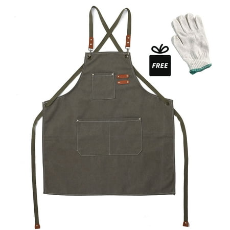 

Work Apron Premium Canvas with Large Pockets - Ideal for Chefs Mechanics Carpenters and Barbecue Enthusiasts - Unisex Design Makes a Great Gift (Grey green）