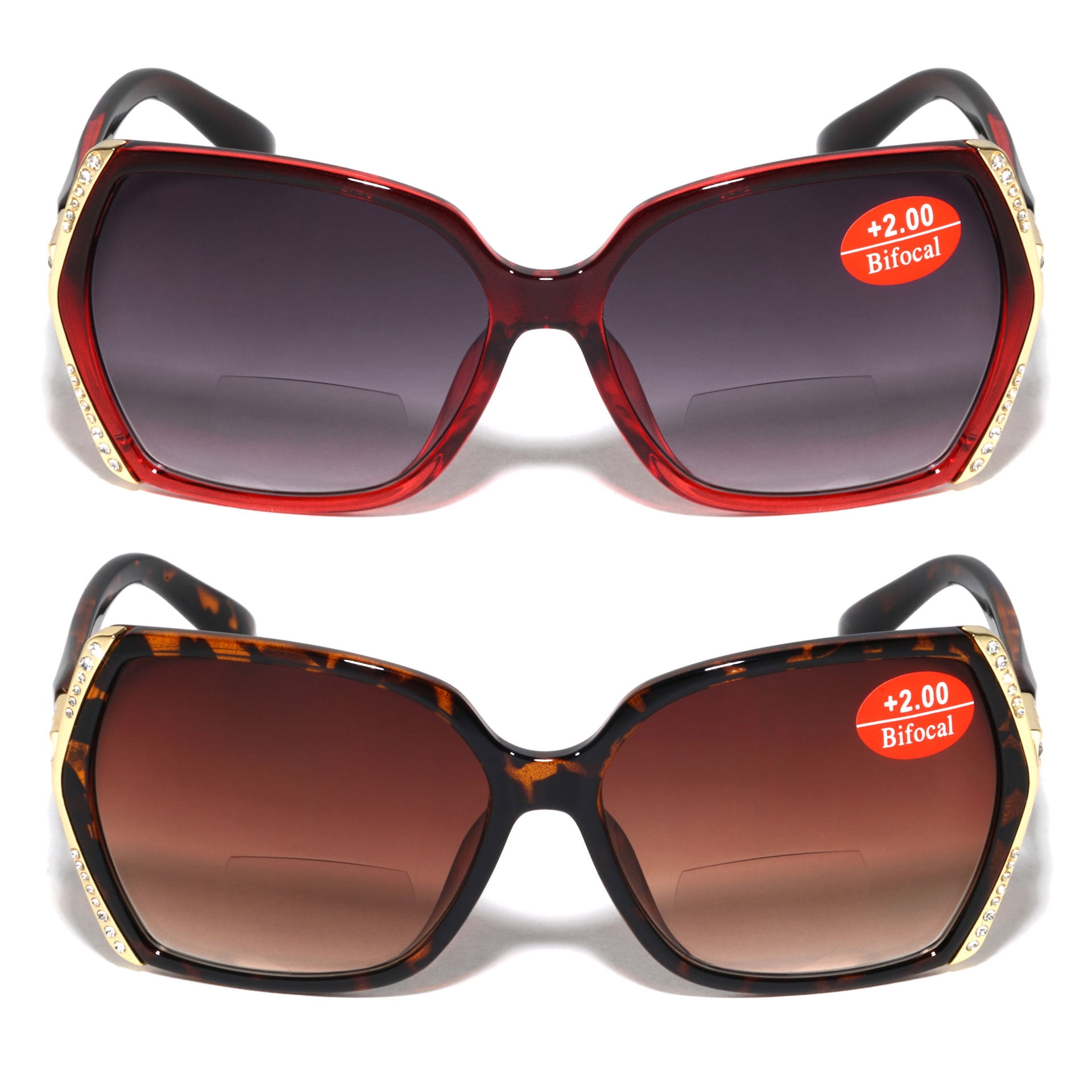 2 Pairs Women Bifocal Oversized Reading Sunglasses with Rhinestones - UV400 Reader Glasses +2.25