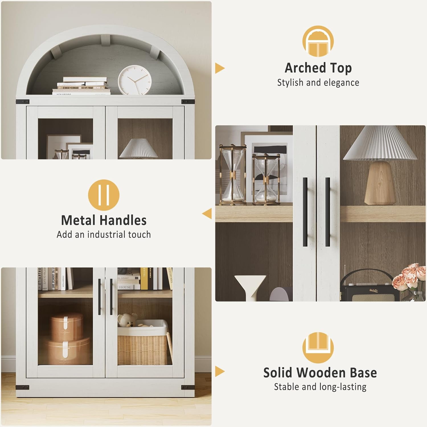 Memoryfield 72" Tall Arched Bookcase with Glass Doors, 5 Tier Display Bookshelf Storage Cabinet, Modern Floor Standing Organizer for Home Office Living Room, White