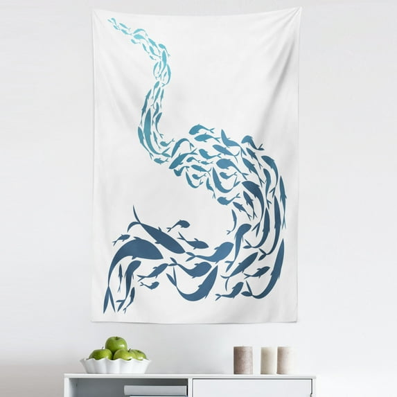 Ocean Blue Tapestry, Ombre Colored Silhouette Marine Big Little Fish Wave Look Illustration, Fabric Wall Hanging Decor for Bedroom Living Room Dorm, 5 Sizes, Purpleblue and White, by Ambesonne