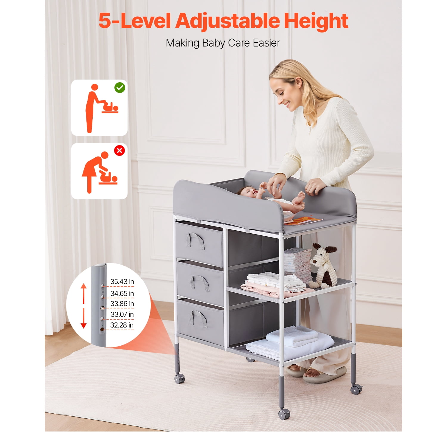 KFFKFF Portable Diaper Changing Table with Adjustable Height, Storage Organizer, Lockable Wheels, and 3 Fabric Drawers, Gray