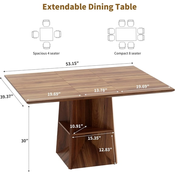 40-54 Inch Square Extendable Dining Table with Storage Shelf, Modern Wood Kitchen Table for 4-8 People, Space Saving Walnut Finish