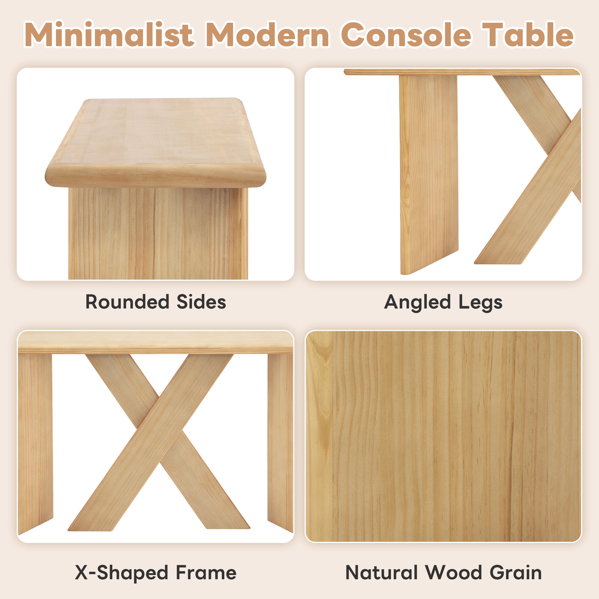 Mintazer 60.2" Modern Minimalist Console Table, Entryway Table with X-Cross Legs & Rounded Tabletop, Anti-Tip Design Sofa Table for Living Room Hallway Foyer, Natural