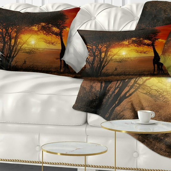 Designart Typical African Sunset with Giraffe - African Landscape Printed Throw Pillow - 12x20