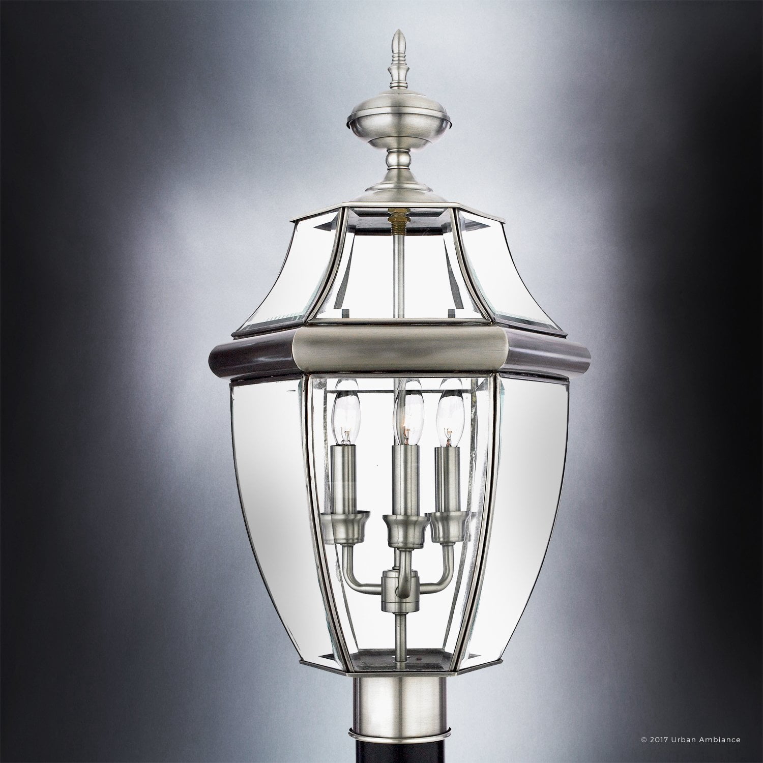 Urban Ambiance Luxury Colonial Outdoor Post Light, Large Size: 23"H x 12.5"W, with Tudor Style Elements, Versatile Design, Classy Aged Silver Finish and Beveled Glass, UQL1151