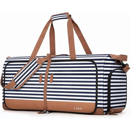80L Large Foldable Travel Duffle Bag for Women - Separate Shoe Compartment, Carry On Weekend/Overnight/Hospital Bag with Straps (Blue Stripes)