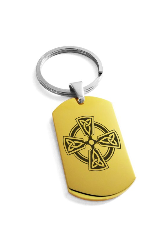 Stainless Steel Celtic Cross Triquetra Knot Engraved Dog Tag Keychain Keyring