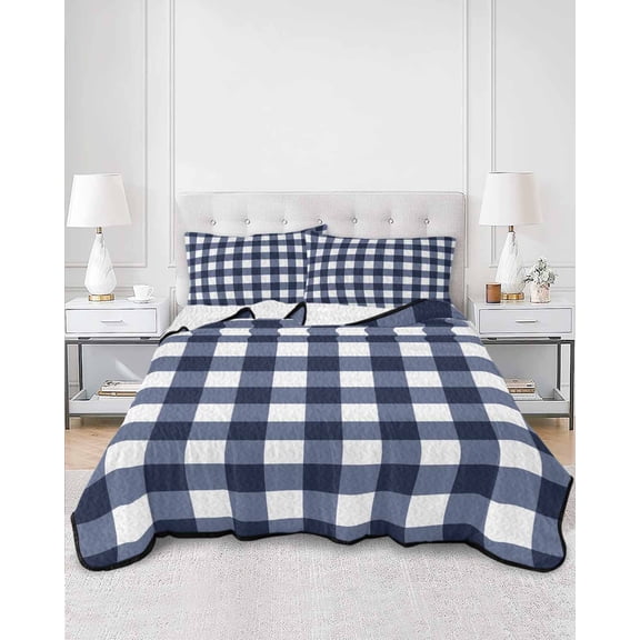 Quilts Twin Size, Navy Blue Check Soft Comforter Bedding Set for Bed, Farmhouse Buffalo Plaid Blue Lightweight Quilted Bedspread with Pillow Cover(2 Pieces) for All Season, 68x86 Inch