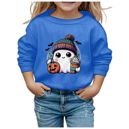 

Halloween Sweatshirts for Girls Pumpkin Print Cute Pullover Drop Shoulder Crewneck Ghost Graphic Shirt for 2-12 Years (Blue 3-4 Years)