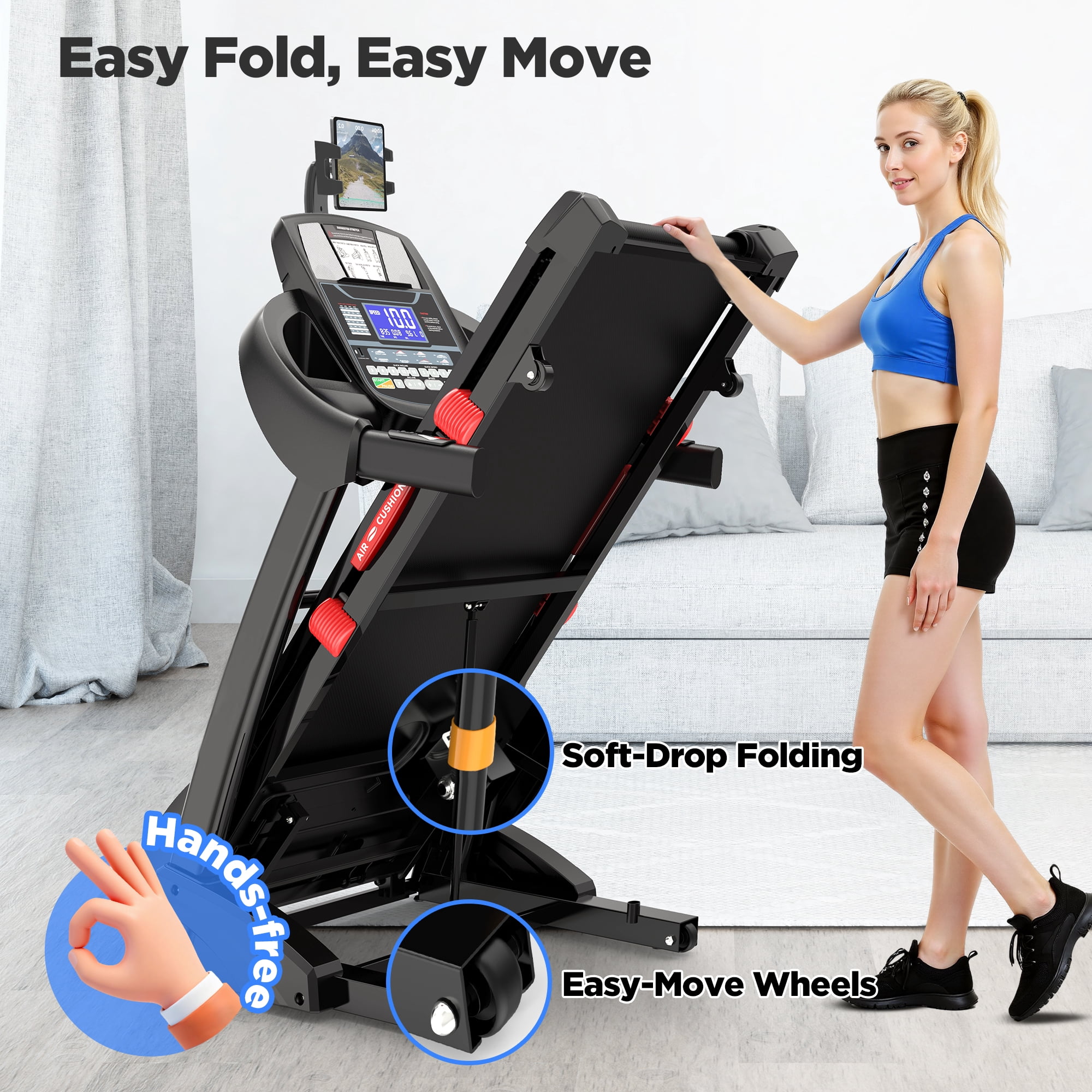 4.5HP Folding Treadmill for Home with 15 Auto Incline, Smart APP, 300lbs, HiFi Bluetooth Speakers, 64 Programs, 10MPH Speed, Foldable EleTreadmill Running Machine, Knee Strap Gift