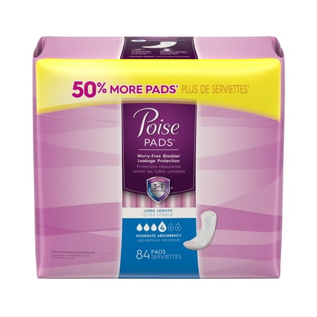 Poise Incontinence Pads, Moderate Absorbency, Long, 84 count - Walmart.com
