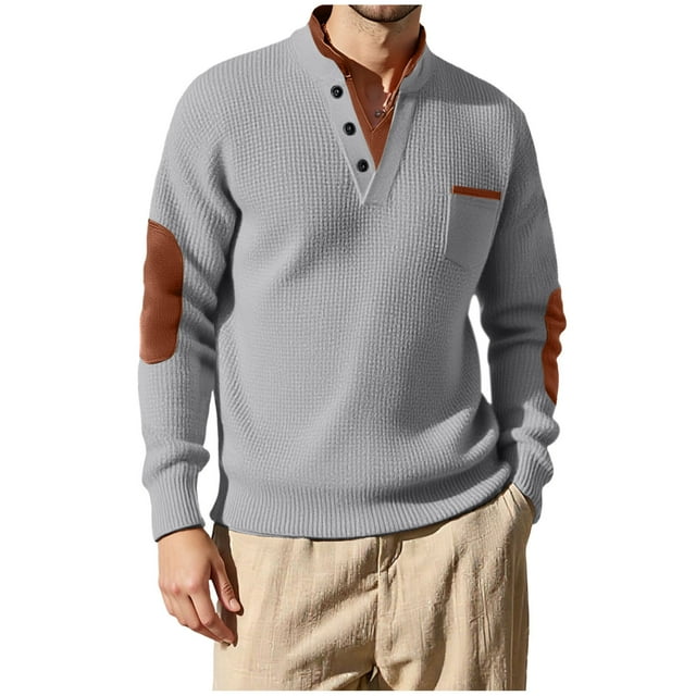 Waffle Knit Polo Men Long Sleeve V-Neck Textured Pullover with Pockets Casual Fall Stand Collar Button Sweatshirt Moisture Wicking