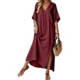 thumbnail image 2 of Tqcoqu Women's Beach Vacation Midi Dresses,V Neck Side Slit Kaftan Cover Up Dress,Wine Women's S-XXXL, 2 of 9