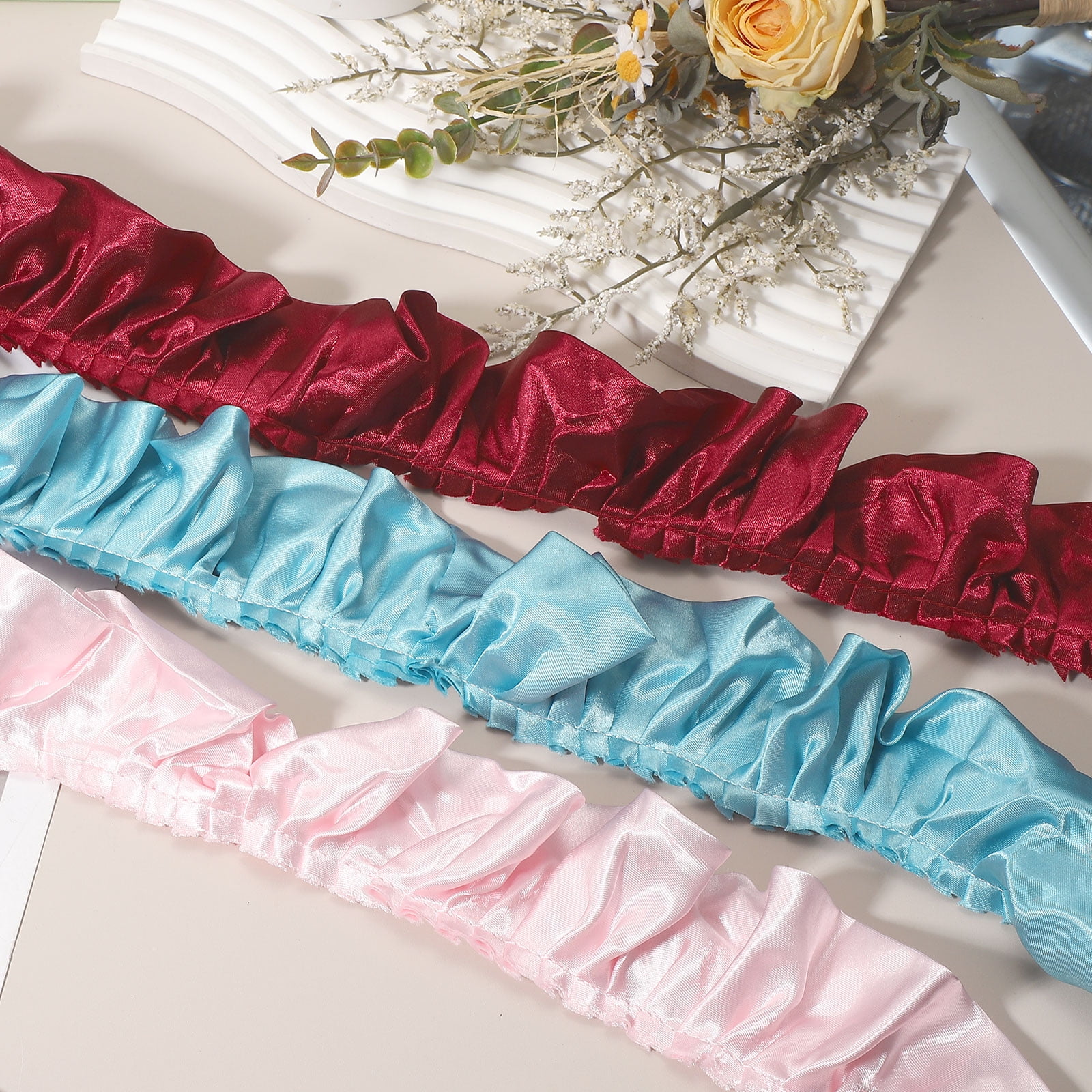 Uxcell 11 Yards 3D Pleated Chiffon Lace Trim 2" Width Satin Ruffle Ribbon Pleated Sewing Fabric Trim Cherry Pink