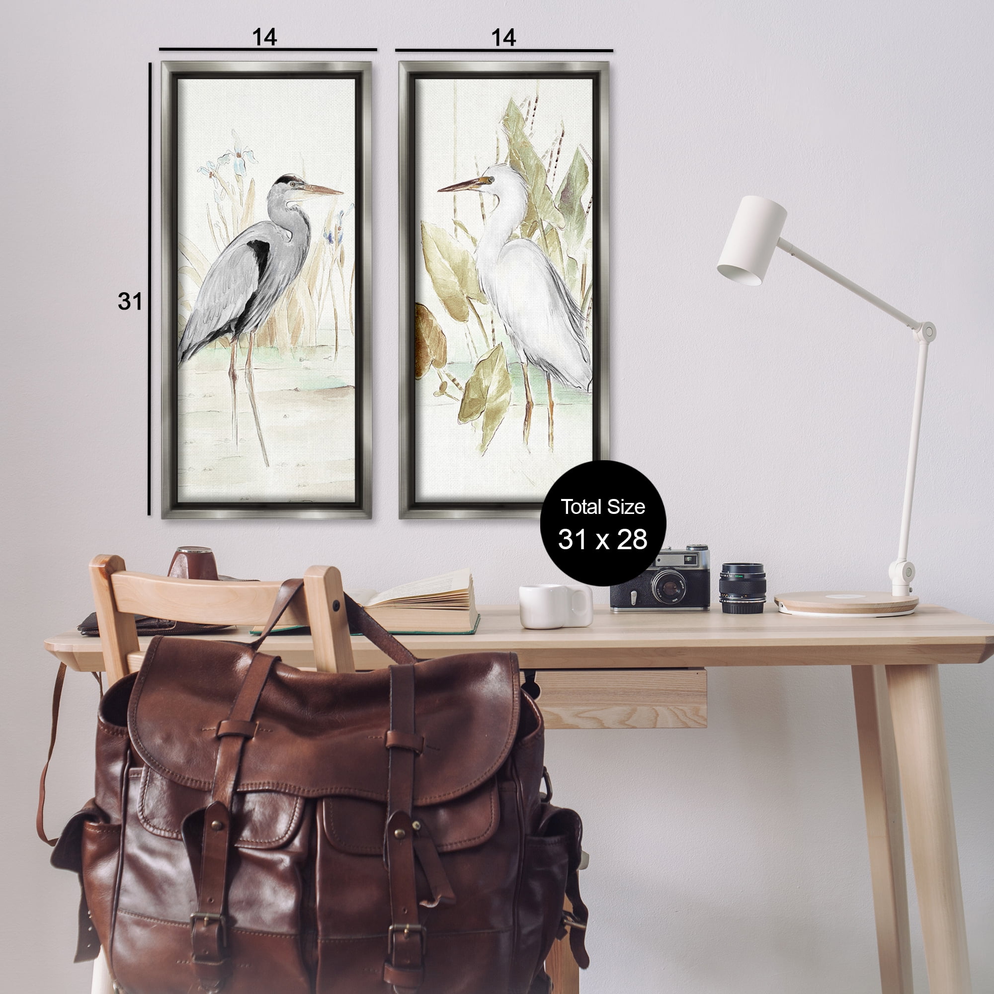 Stupell Industries Heron Egret Marsh Landscape Animals Painting Gray Floater Framed Canvas Art Print Wall Art, 14 x 31, Set of 2