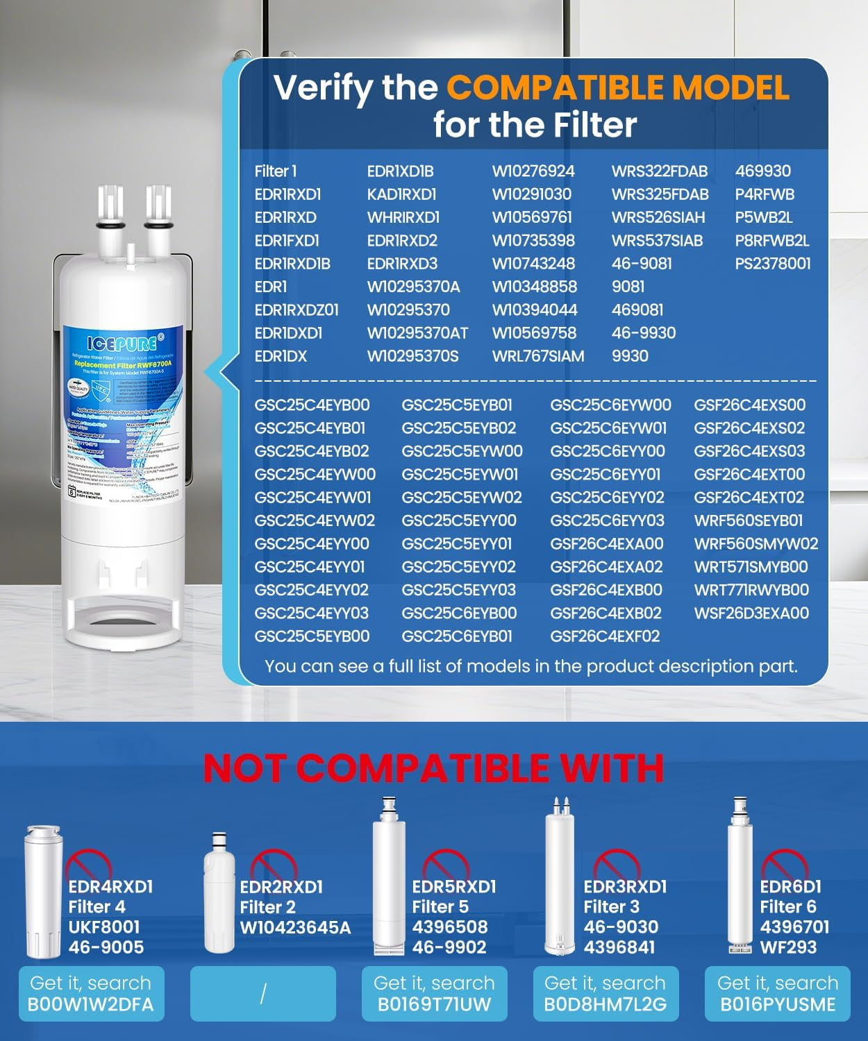 ICEPURE RWF6700A Replacement for W10295370A, EDR1RXD1, Everydrop® Filter 1, WHR1RXD1, EDR1RXD1B, KAD1RXD1, P4RFWB, 46-9081, 46-9930, 2Pack