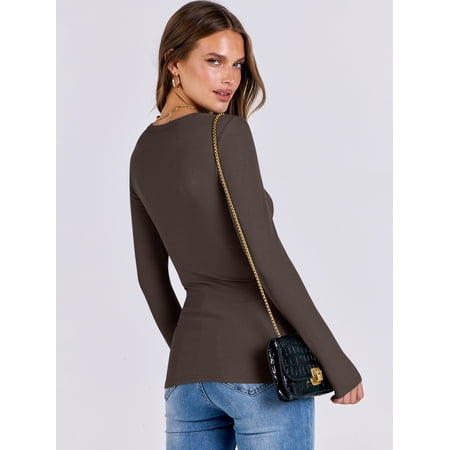 ANRABESS Long Sleeve Shirts for Women Ribbed Knit Slim Fit Basic Tops Crewneck Tees Spring Fall Casual Underscrubs Layer Clothes Brown Medium