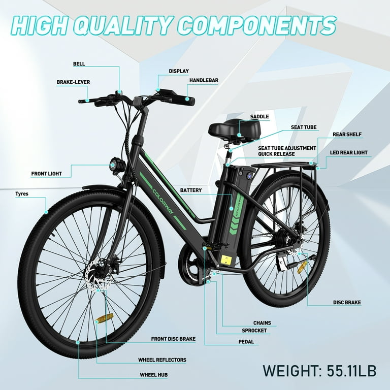 Colorway 26 Electric Bike for Woman 36V 8.4Ah Removable Battery E Bike 500W Powerful Motor Max.Speed 19.9mph Electric Bicycle Black