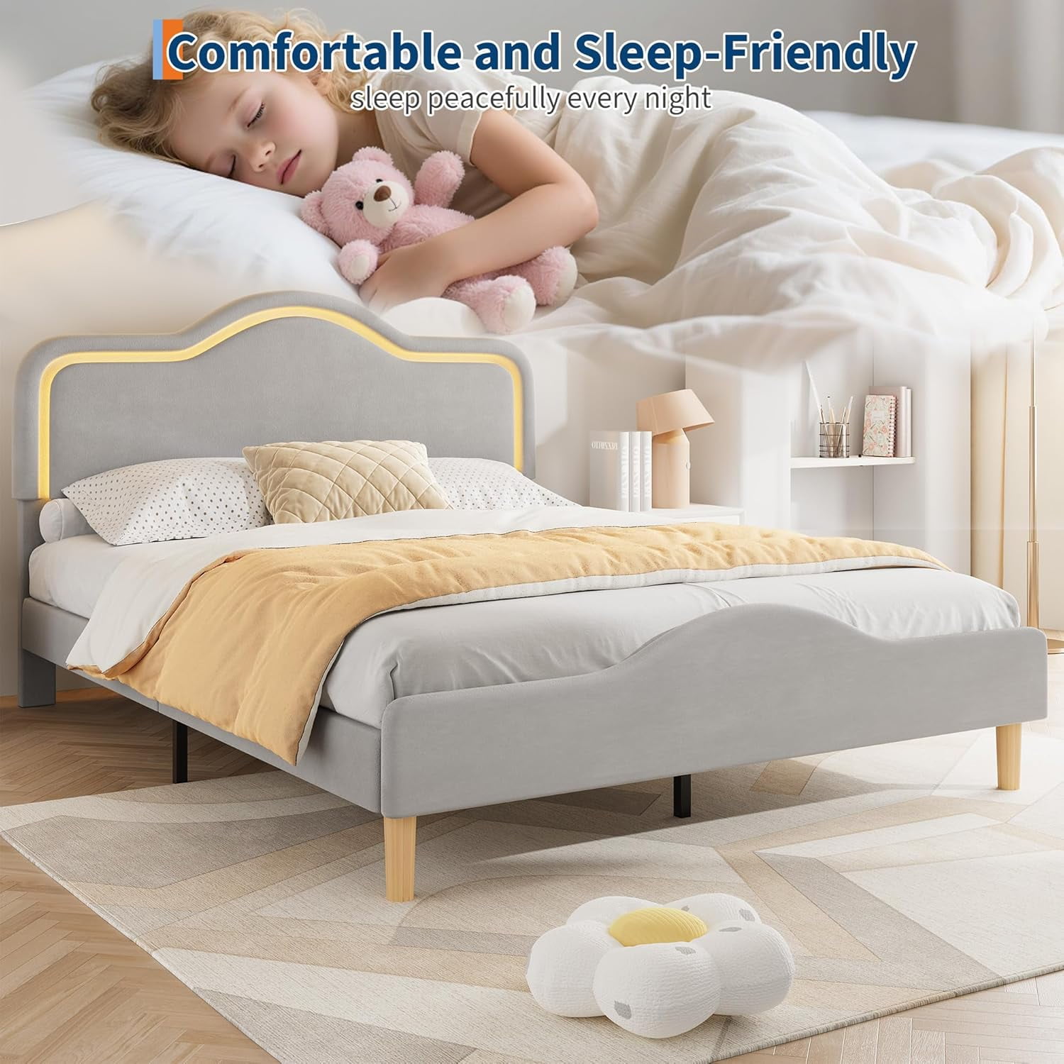 Full Size Upholstered LED Bed Frame with Adjustable Headboard and Footboard, Velvet Princess Platform Bedframe /, Wooden Slats Support, No Box Spring Needed, Easy Assembly, Gray