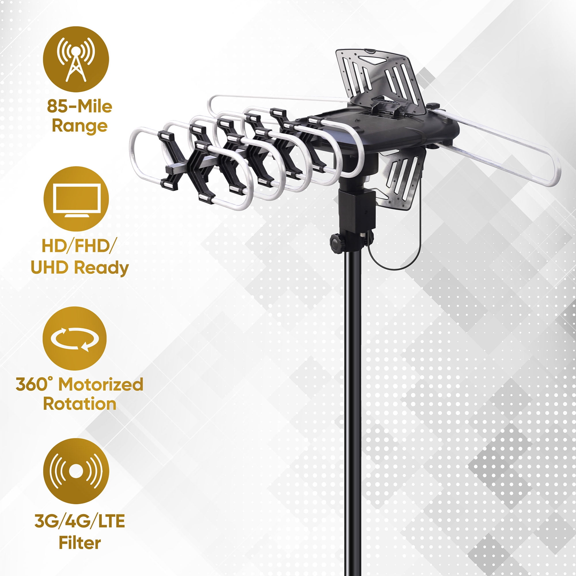 onn Outdoor TV Antenna with Mounting Pole, 85-mile Range (Reception Varies by Location), Supports HDTV & 4K UHD