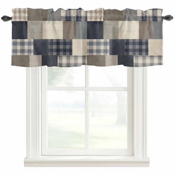 Navy Blue Checked Kitchen Valances for Windows, Farmhouse Patchwork Plaid Gingham Bathroom Window Valances 42x12 Inch Rod Pocket Window Treatments Valance Curtains for Living Room Bedroom Decor