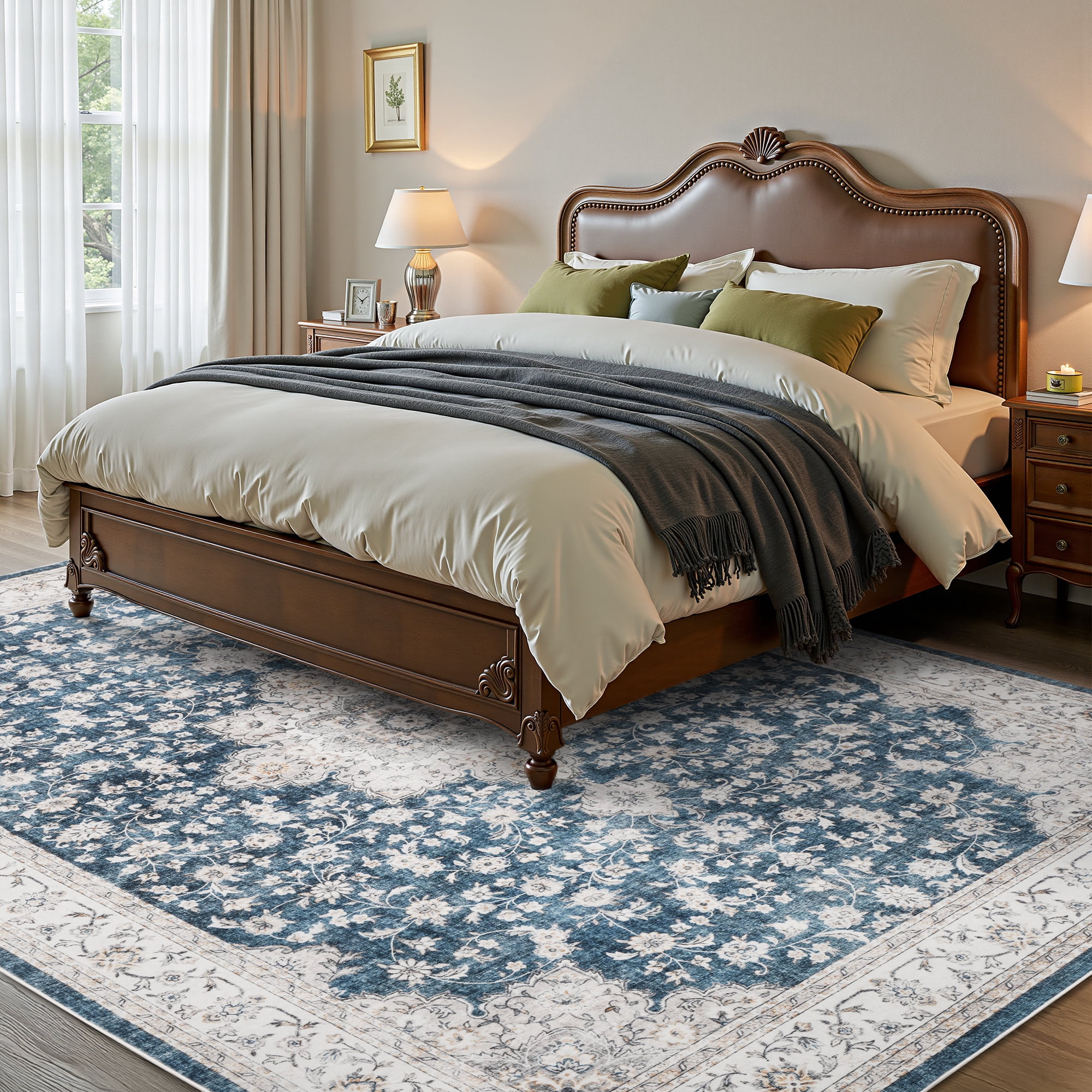 SIXHOME 5x7 Feet Washable Non-Slip Area Rug - Traditional Distressed Vintage Blue Rug with Retro Floral Design, Ultra-Soft Indoor Carpet for Living Room, Bedroom, Dining Room