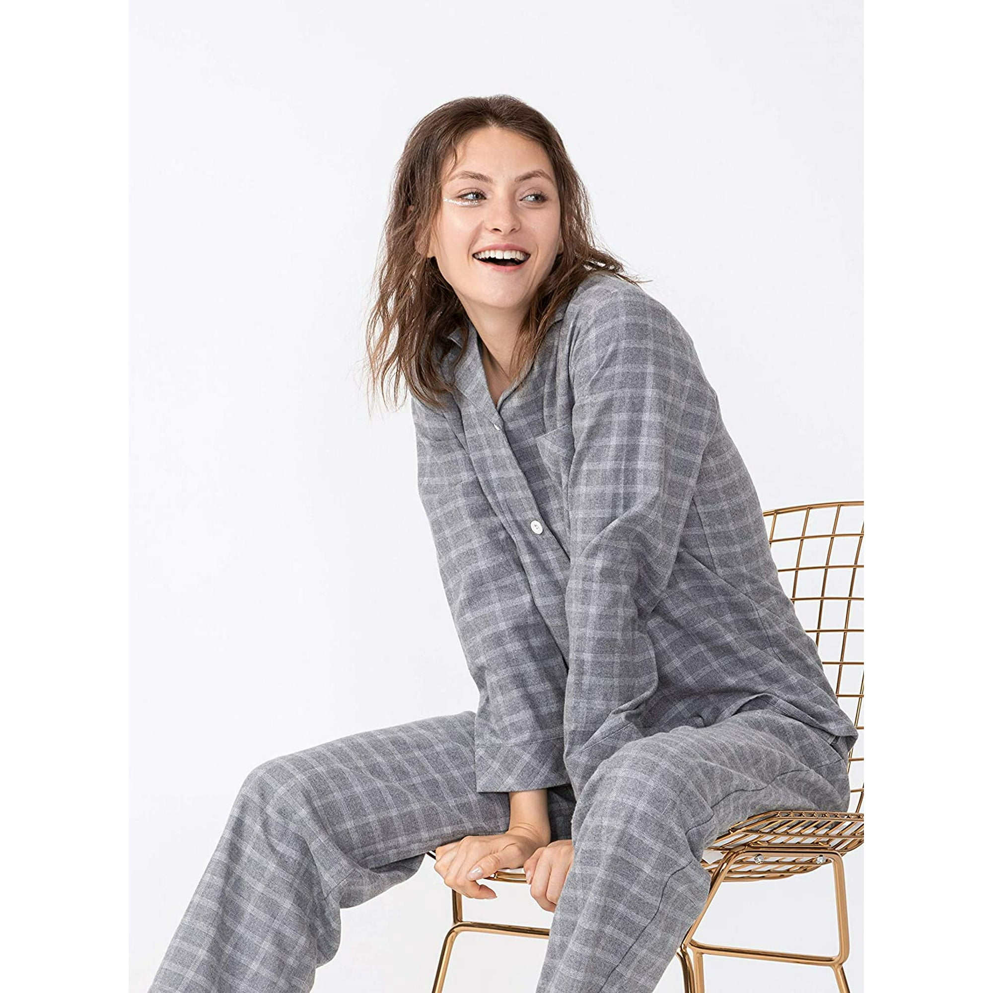 Xcgwst Womens Pajama Set 100 Cotton Flannel Woven Plaid Pajamas Long Sleeve Sleepwear Loungewear S xl Other M