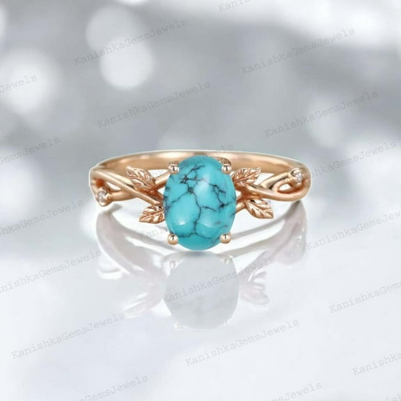 KANISHKAGEMS&JEWELS 8x6MM / 2Ct Turquoise Bridal Wedding Ring December Birthstone Engagement Ring CZ Diamond Nature Inspired Jewelry Christmas Gift For Daughter
