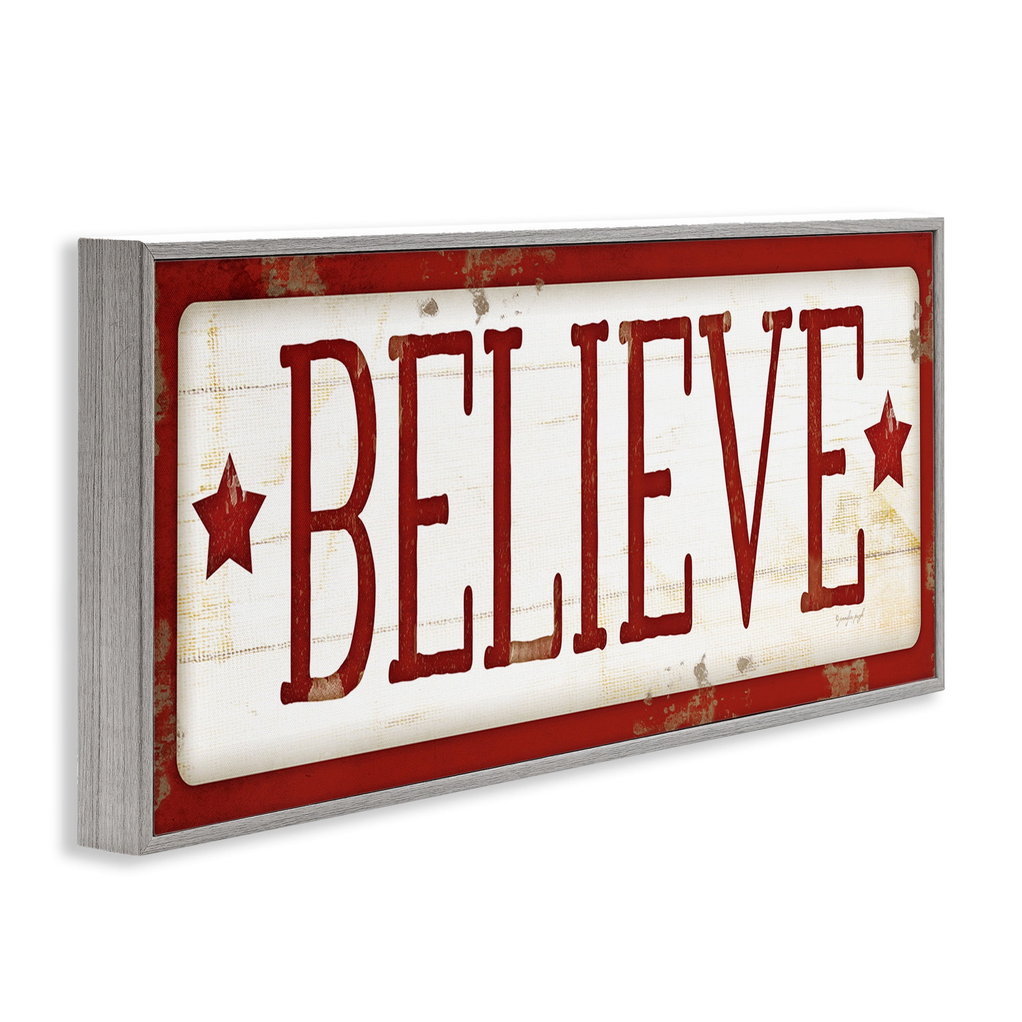 Stupell Industries Believe Red Christmas Phrase Holiday Painting Gray Framed Art Print Wall Art, 24 x 10