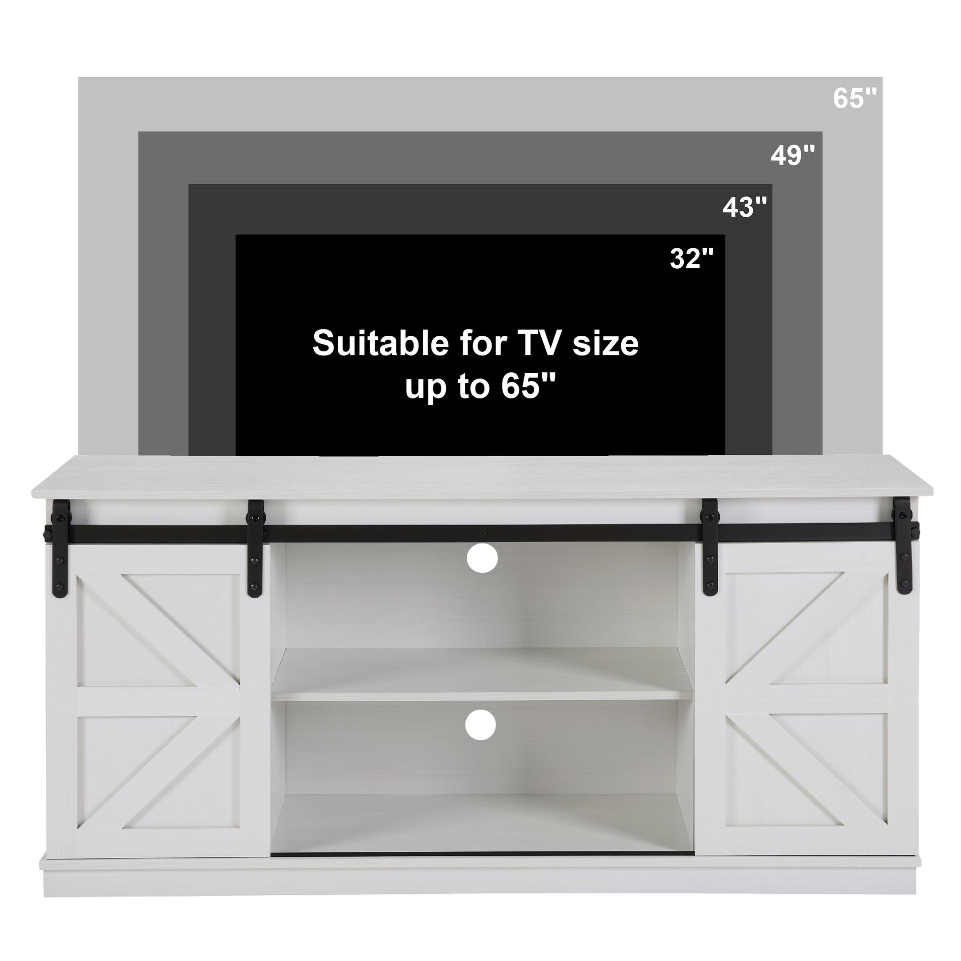 58" Farmhouse TV Stand and Entertainment Center for TVs up to 65" with Sliding Barn Doors and Storage Cabinets, White