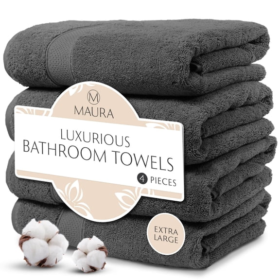 MAURA Grey Extra Large Turkish Cotton Luxury Bath Towels set of 4. Ultra-Soft, Thick & Plush Towels for Bathroom - Space Gray