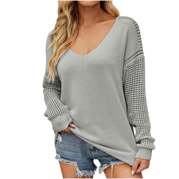 Crunowin Women's Knitted Sweater, Long Sleeve Cozy Comfort Solid Color V Neck Loose Fit Casual Pullover Tops Gray L