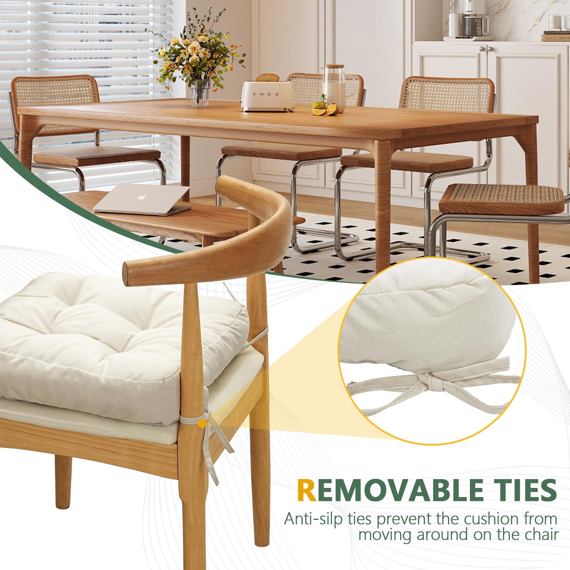 Chair Cushions for Dining Chairs Set of 2, 16.5" x 16.5" Tufted Memory Foam Seat Cushions, 3.5" Thick Olefin Fabric Kitchen Chair Pads with Ties & Non-Slip Backing, Beige