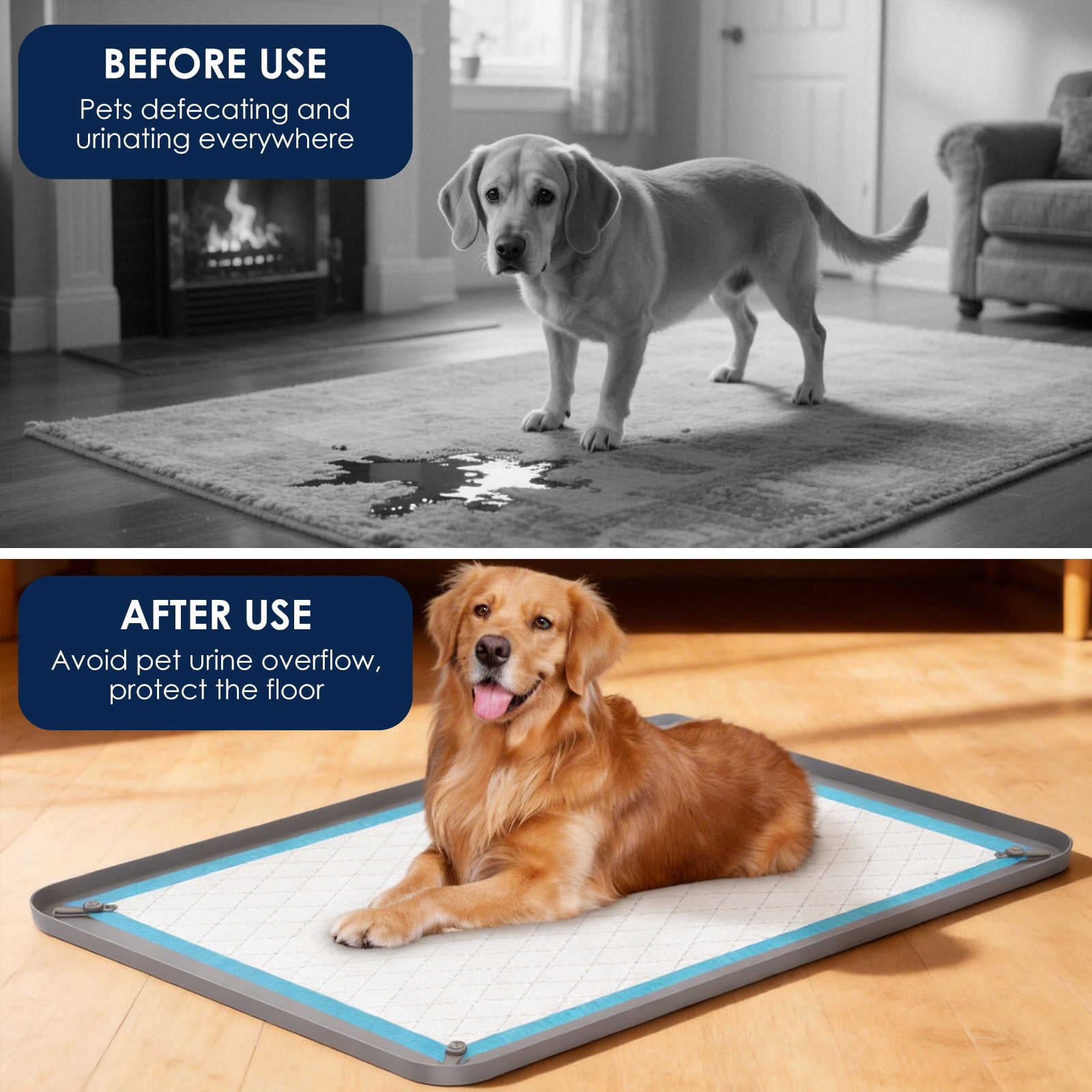 Pee Pad Tray Holder for Dogs - Fits Up to 36.3x25.28 in. Square Potty Training Pads No Spill Raised Lip High Edge Silicone Mat, Extra Thick and Non-Slip for Indoor Floor Protection (L, Grey)