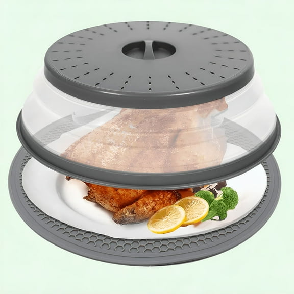 ACDANC Silicone Microwave Cover,Collapsible Vented Splatter Cover and Kitchen Mat,12" (Gray)