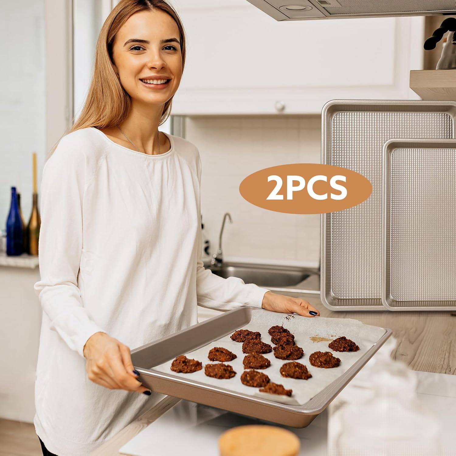 2 Piece Professional Baking Pan Set, Nonstick Bakeware Set, Heavy Duty Thick Cookie Sheets for Baking, 9x13in, 10x15in, Textured, Gold