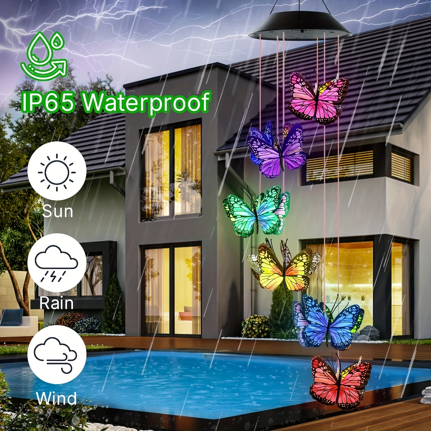 Solar Butterfly Wind Chime, Outdoor Color-Changing Solar Wind Chime, Solar LED light with 12 colorful butterflies，Outdoor Decoration. Christmas Decoration for Yard, Garden Patio Porch Decoration