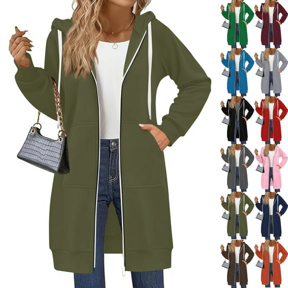 bbyeadc Green Long Hoodies for Women Oversized Long Tunic Sweatshirts Casual Lightweight Womens Zip Up Hoodie Sweatshirt Jacket Fashion Fleece Hoodie with Pockets, Army_Green L