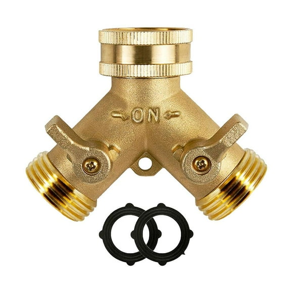 Heavy Duty 2-Way Y-Shape Brass Garden Hose Splitter, 3/4 Inch Anti-Leak Dual Hose Connector with Individual On/Off Valves, Y Valve Tap Connector for Garden, Outdoor, Lawn, Courtyard & Kitchen Use