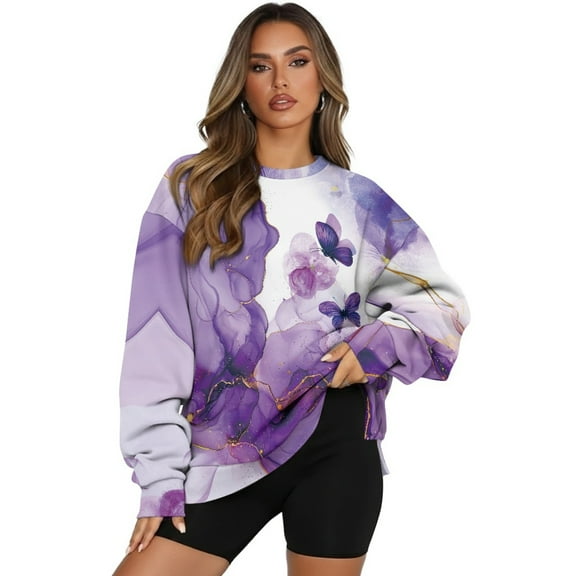Xoenoiee Purple Butterfly Marble Print Women Casual Oversized Sweatshirts Long Sleeve Pullover Jackets Fall Winter Outfits with Side Slits, Size S