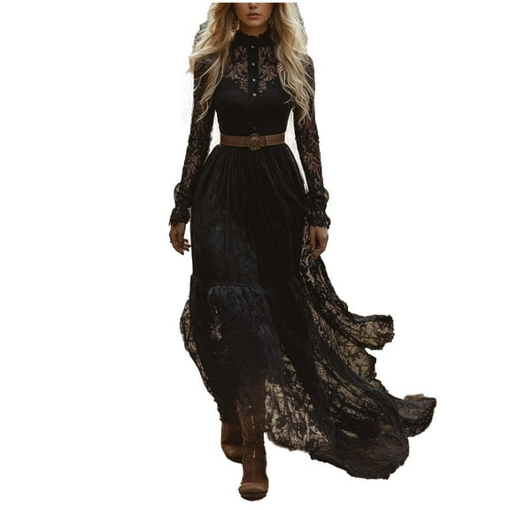 ZQUUVOU Women's Black Lace Maxi Dress Leather Belted Elegant Formal Gown Long Sleeve Evening Dress Wedding Guest Black