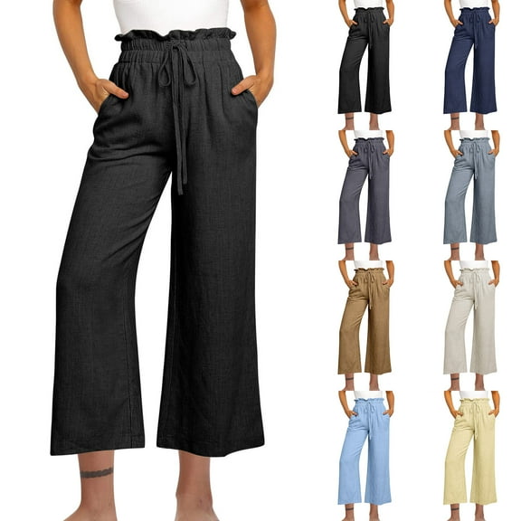 Eiyaclvo Womens Wide Leg Pants Elastic High Waisted Cotton Linen Pants Loose Fit Lounge Pant Lightweight Comfy Summer Trousers with Pockets