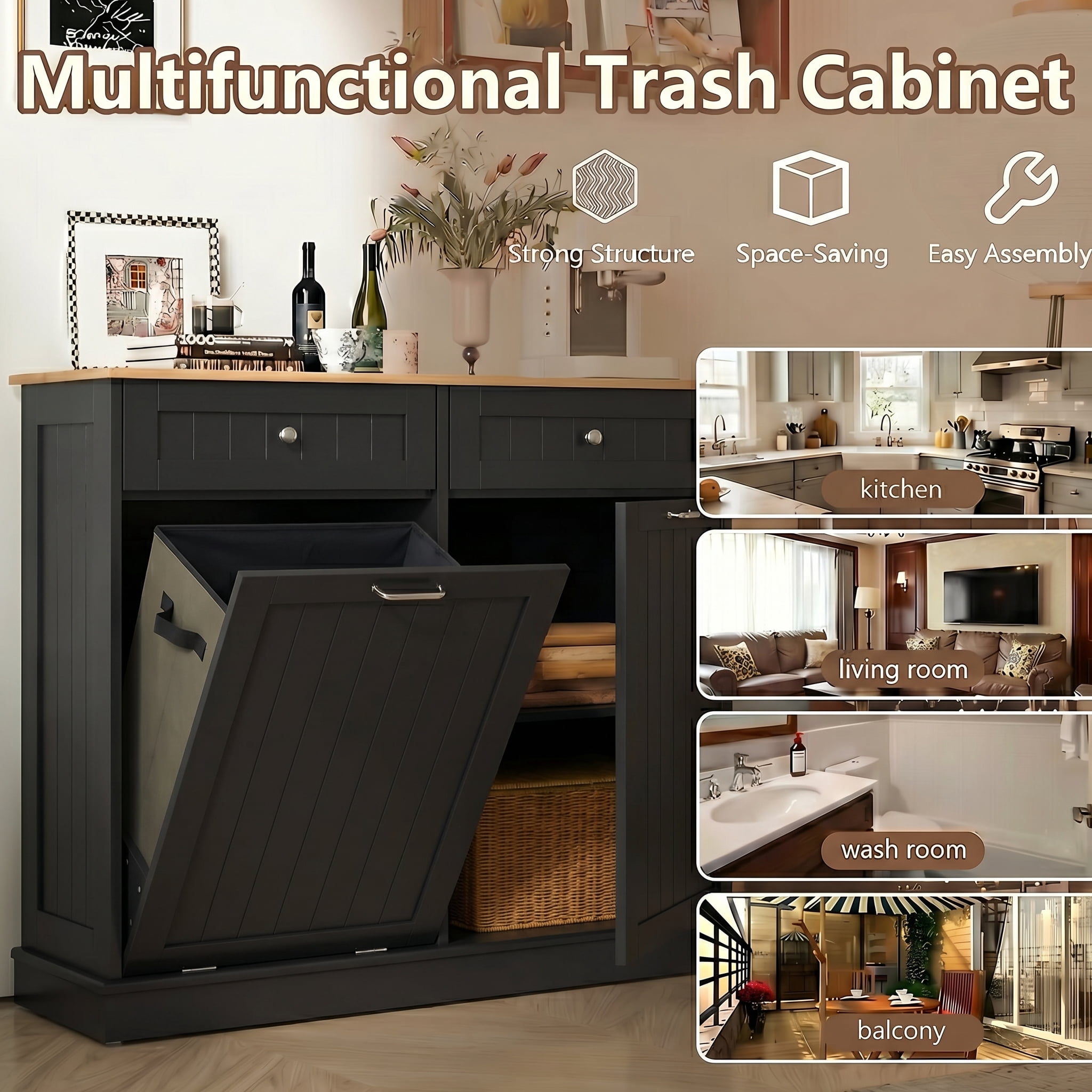 AHB 13 Gallon Single Tilt Out Trash Cabinet with Drawer and Handle, Kitchen Trash Can Storage Organizer, 39.4"L x 14"W x 38.3"H, Black