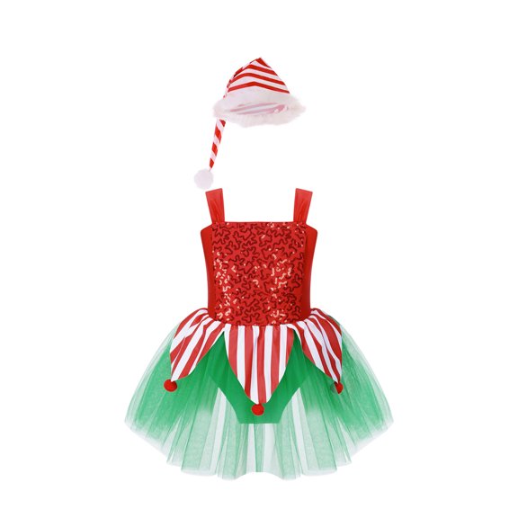 Yruioon Kids Christmas Elf Costume Girls Sequin Tutu Skirt Ballet Dance Leotard Figure Skating Dress Red 6